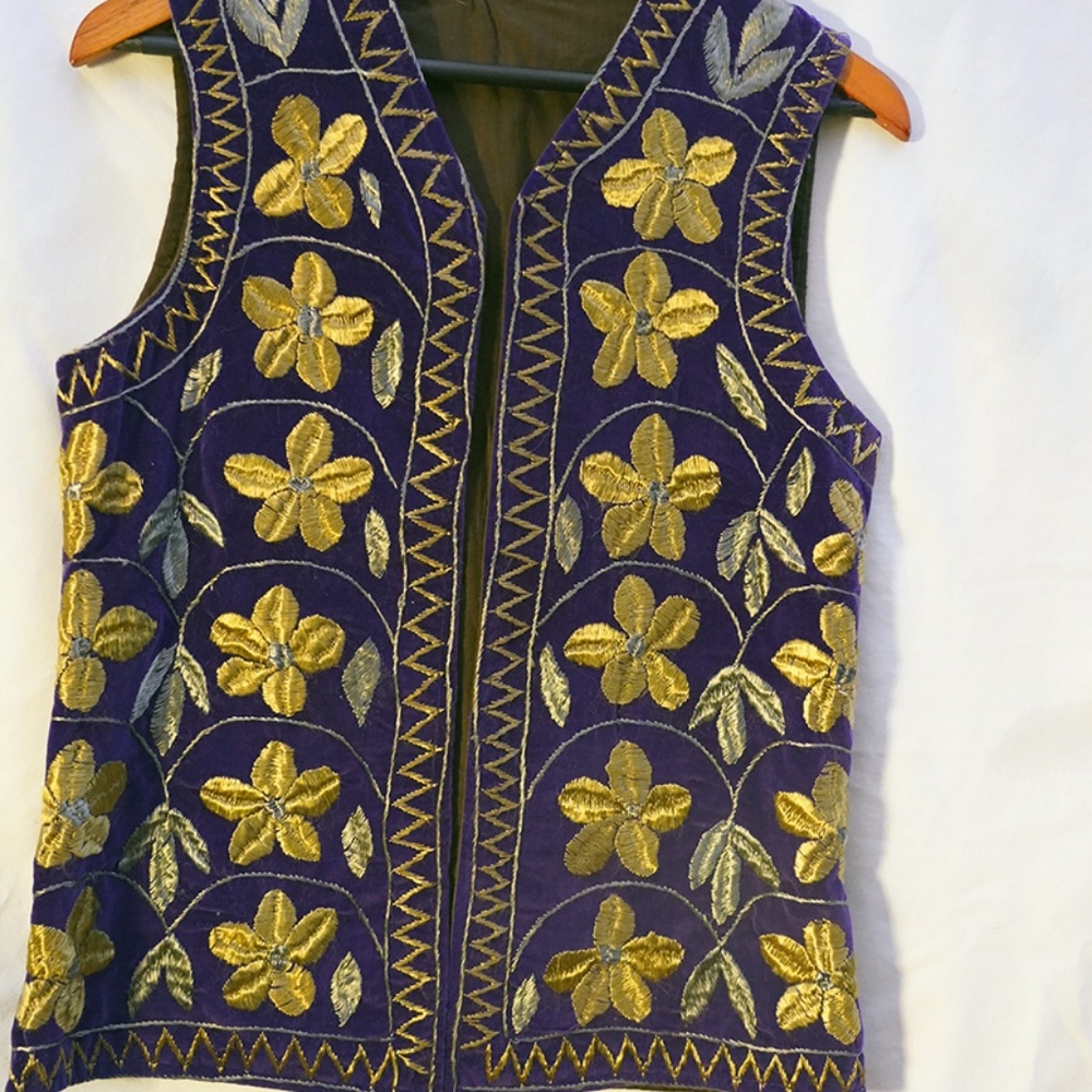 Afghan Hand Embroidered Vest - Purple, Gold, Tan